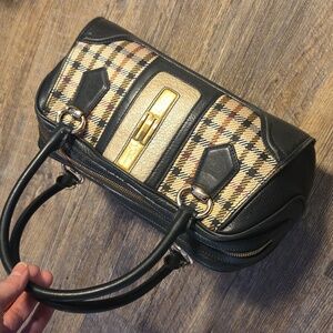 Daks London Plaid Leather Handbag with Black Red Tan and Gold Accents